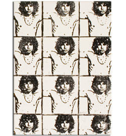Linoleum print of Jim Morrison, the late singer of The Doors, on PVC banner, mounted on stretcher frame.