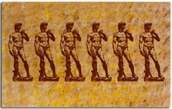 Series linoleum print of Michelangelo's David on mixed fabric, mounted on stretcher frame.
